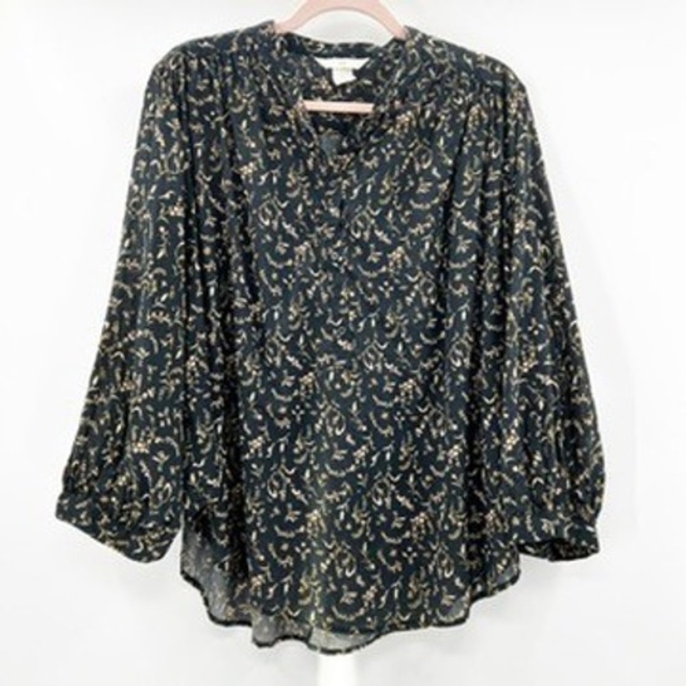 H&M Black Floral Print Long Sleeve Vโ Neck Blouse Women Size S